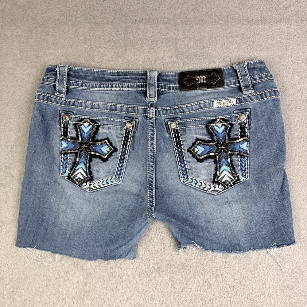 Miss Me JP7721B Embellished Cross Denim Shorts Blue Size 30 Frayed Hem